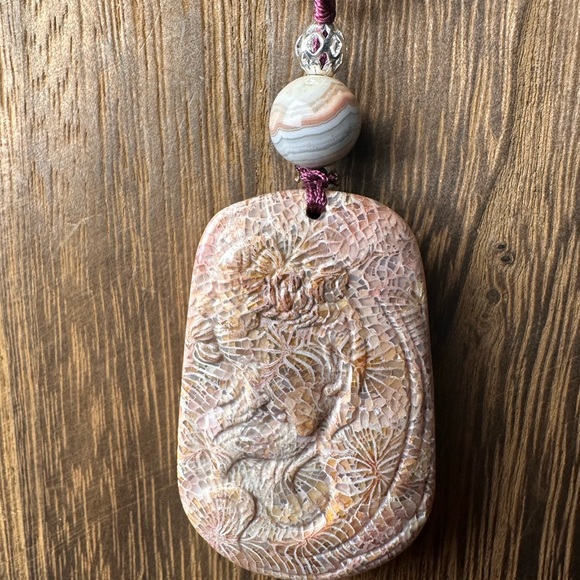 Handcrafted Coral Fossil Lady Pendant Necklace, Botswana Agate on Brown Rope - Picture 5 of 13
